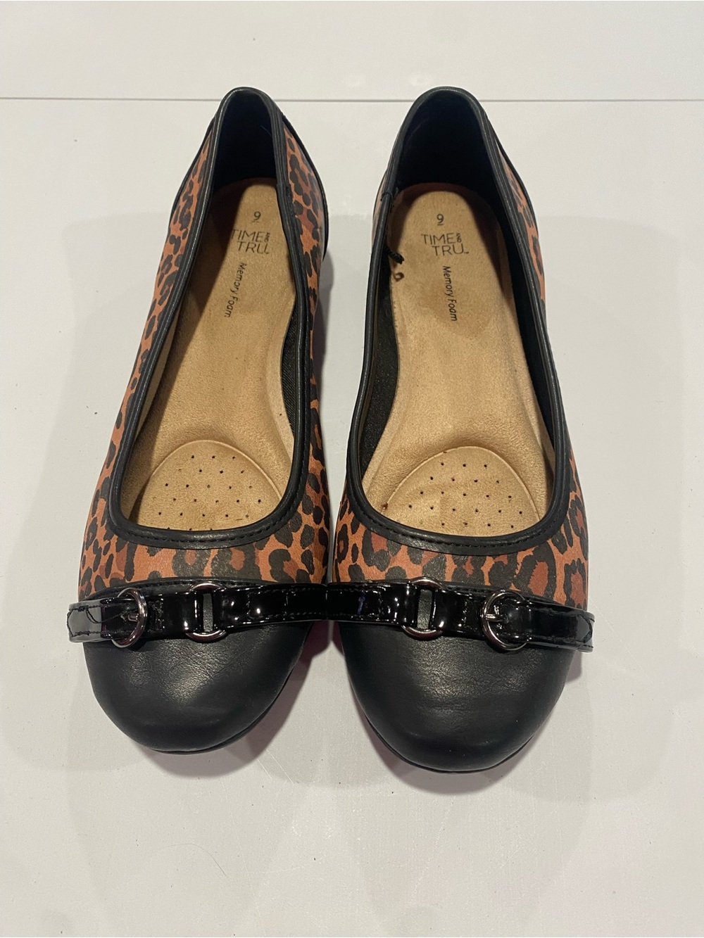 Time and Tru Leopard Print Flats with Black Cap Toe and Patent Trim